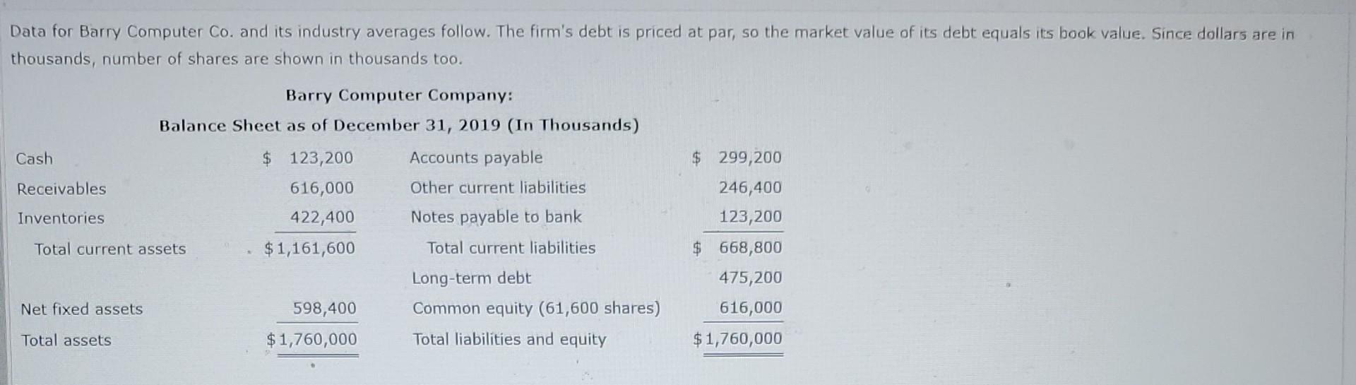 Data For Barry Computer Co And Its Industry Averages Follow The Firm S Debt Is Priced At Par So The Market Value Of I 1