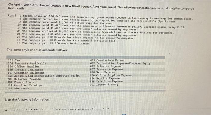 On April 1 2017 Jiro Nozomi Created A New Travel Agency Adventure Travel The Following Transactions Occurred During 1