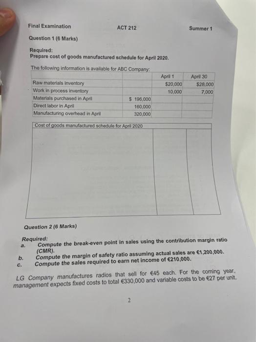 A B C Final Examination Question 1 6 Marks Required Prepare Cost Of Goods Manufactured Schedule For April 2020 Th 1