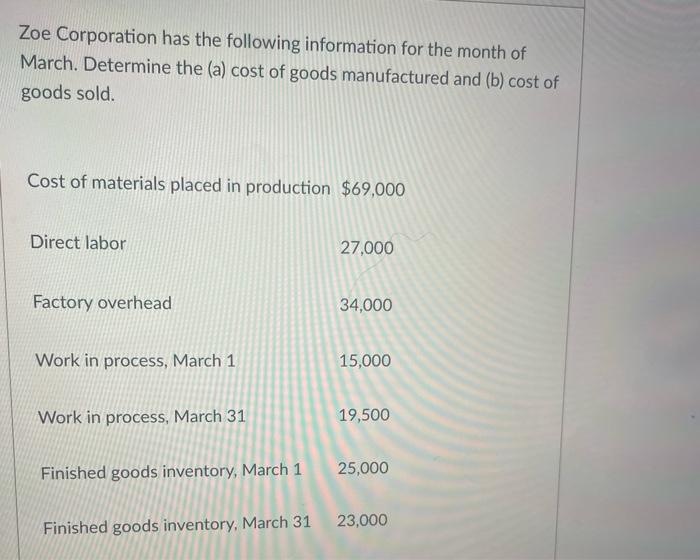 Zoe Corporation Has The Following Information For The Month Of March Determine The A Cost Of Goods Manufactured And 1