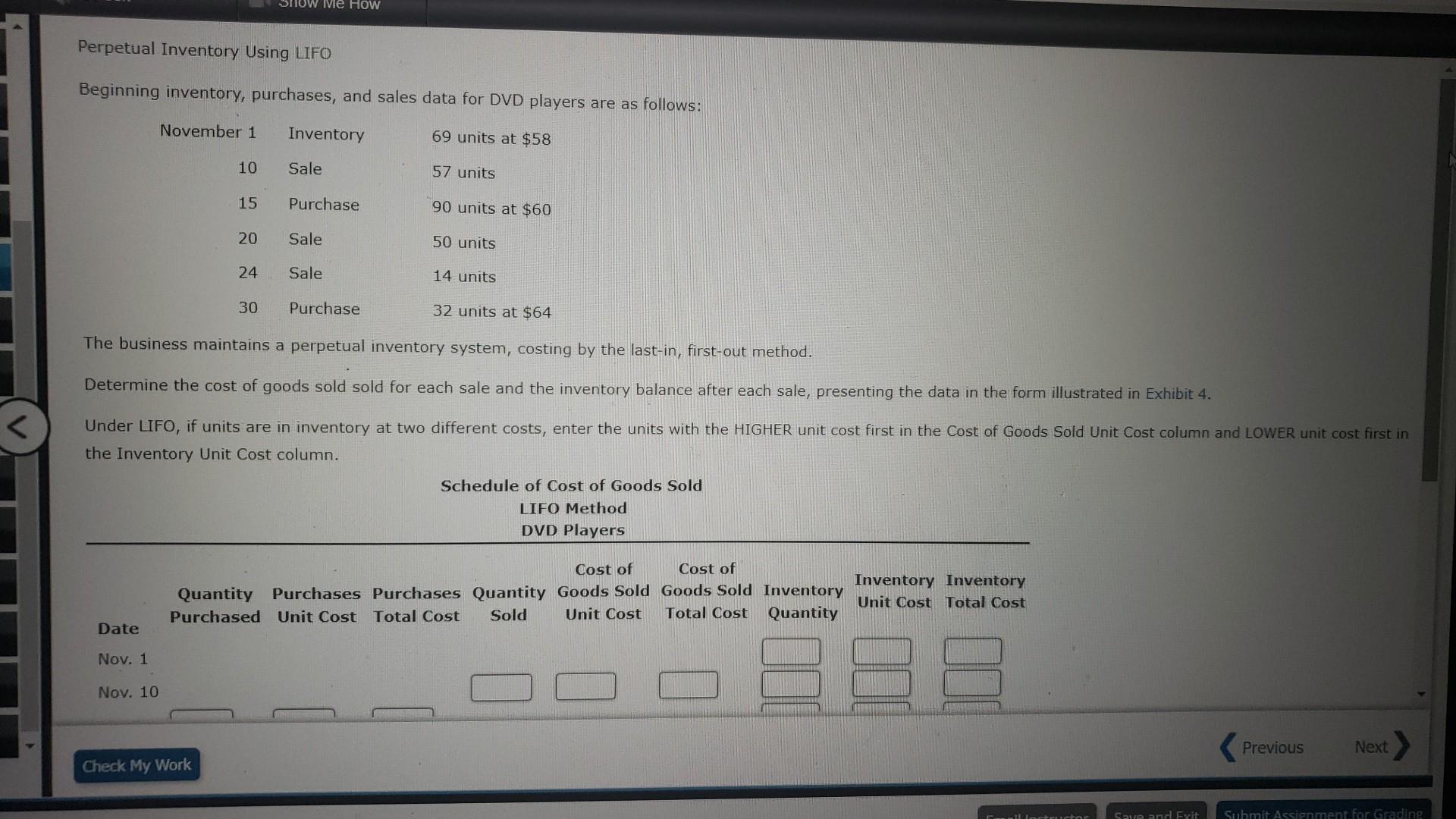 Perpetual Inventory Using Lifo Beginning Inventory Purchases And Sales Data For Dvd Players Are As Follows November 1 1