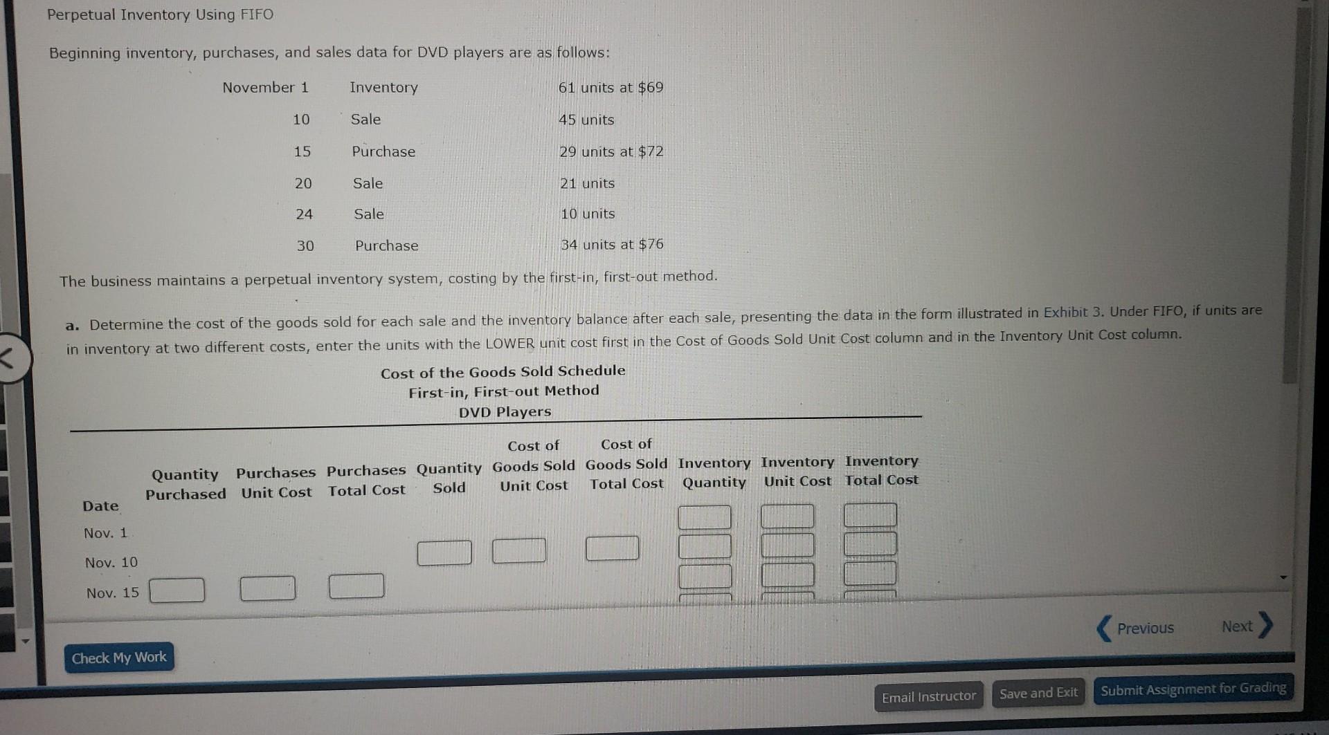 K Perpetual Inventory Using Fifo Beginning Inventory Purchases And Sales Data For Dvd Players Are As Follows November 1