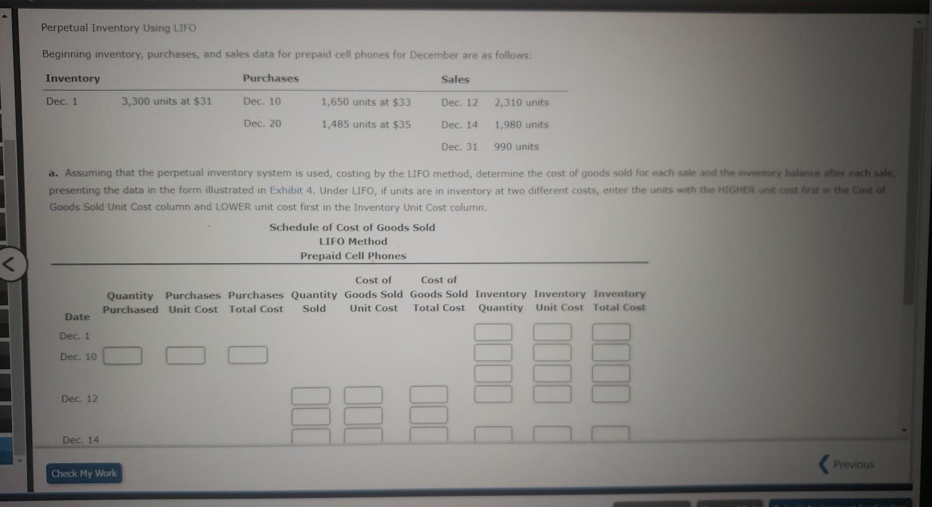 Perpetual Inventory Using Lifo Beginning Inventory Purchases And Sales Data For Prepaid Cell Phones For December Are A 1