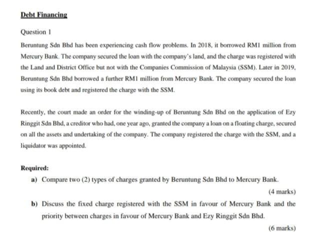 Debt Financing Question 1 Beruntung Sdn Bhd Has Been Experiencing Cash Flow Problems In 2018 It Borrowed Rm1 Million F 1