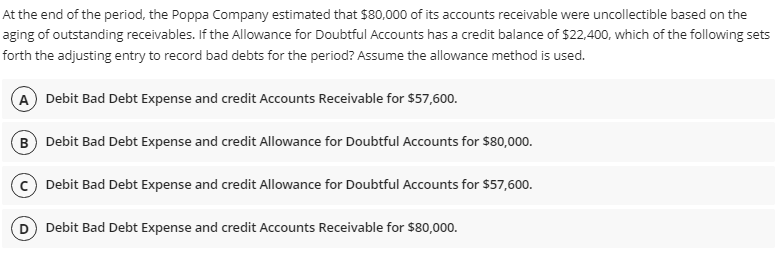 At The End Of The Period The Poppa Company Estimated That 80 000 Of Its Accounts Receivable Were Uncollectible Based O 1