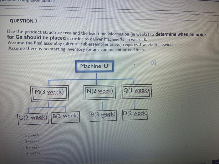 Question 7 Use The Product Structure Tree And The Lead Time Information In Weeks To Determine When An Order For Gs Sho 1