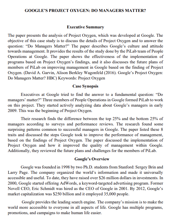 Google S Project Oxygen Do Managers Matter Executive Summary The Paper Presents The Analysis Of Project Oxygen Which 1