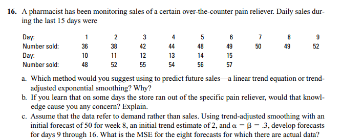 16 A Pharmacist Has Been Monitoring Sales Of A Certain Over The Counter Pain Reliever Daily Sales Dur Ing The Last 15 1