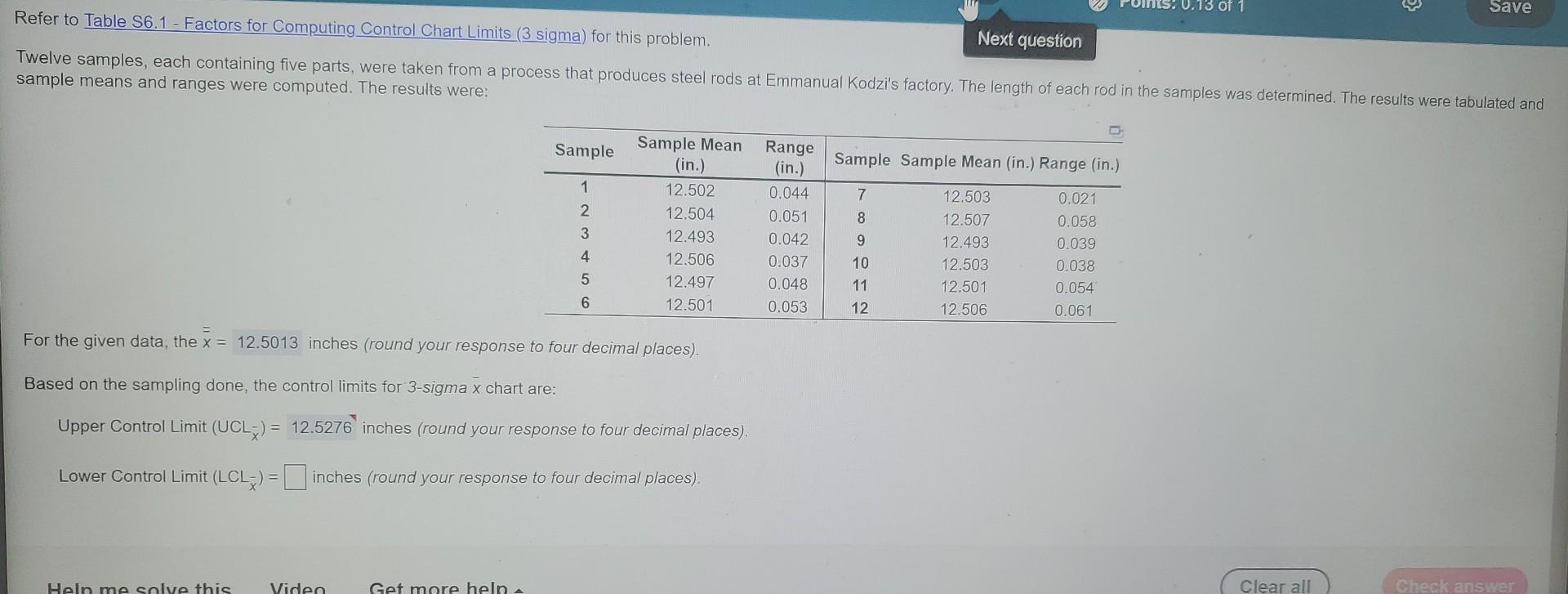 Next Question Refer To Table S6 1 Factors For Computing Control Chart Limits 3 Sigma For This Problem Twelve Sample 1