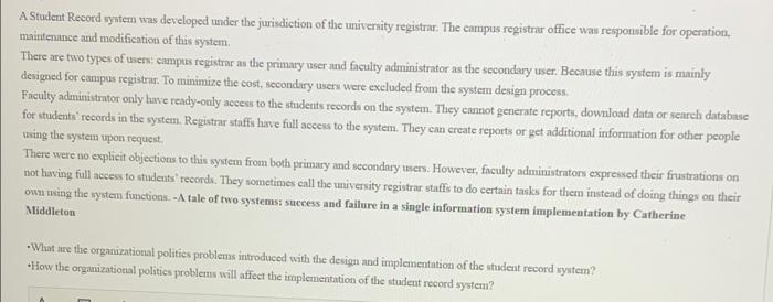 A Student Record System Was Developed Under The Jurisdiction Of The University Registrar The Campus Registrar Office Wa 1