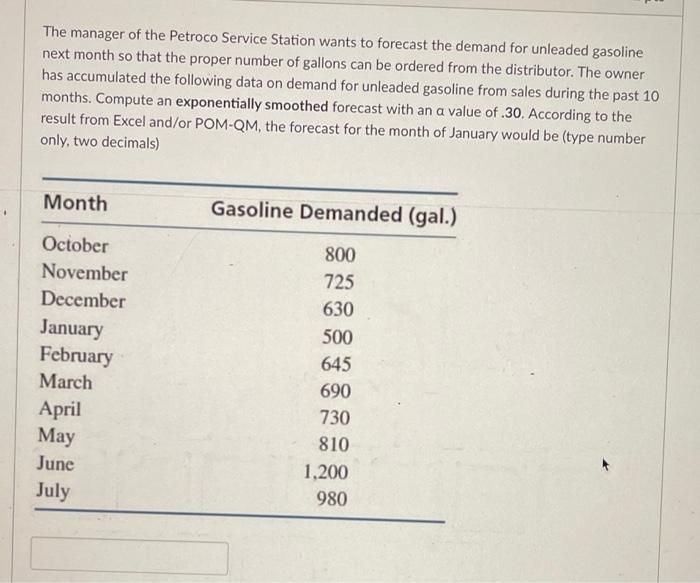 The Manager Of The Petroco Service Station Wants To Forecast The Demand For Unleaded Gasoline Next Month So That The Pro 1
