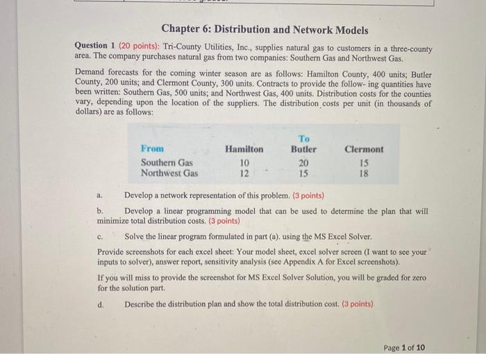 Chapter 6 Distribution And Network Models Question 1 20 Points Tri County Utilities Inc Supplies Natural Gas To C 1