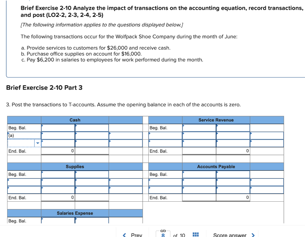 Brief Exercise 2 10 Analyze The Impact Of Transactions On The Accounting Equation Record Transactions And Post Lo2 2 1