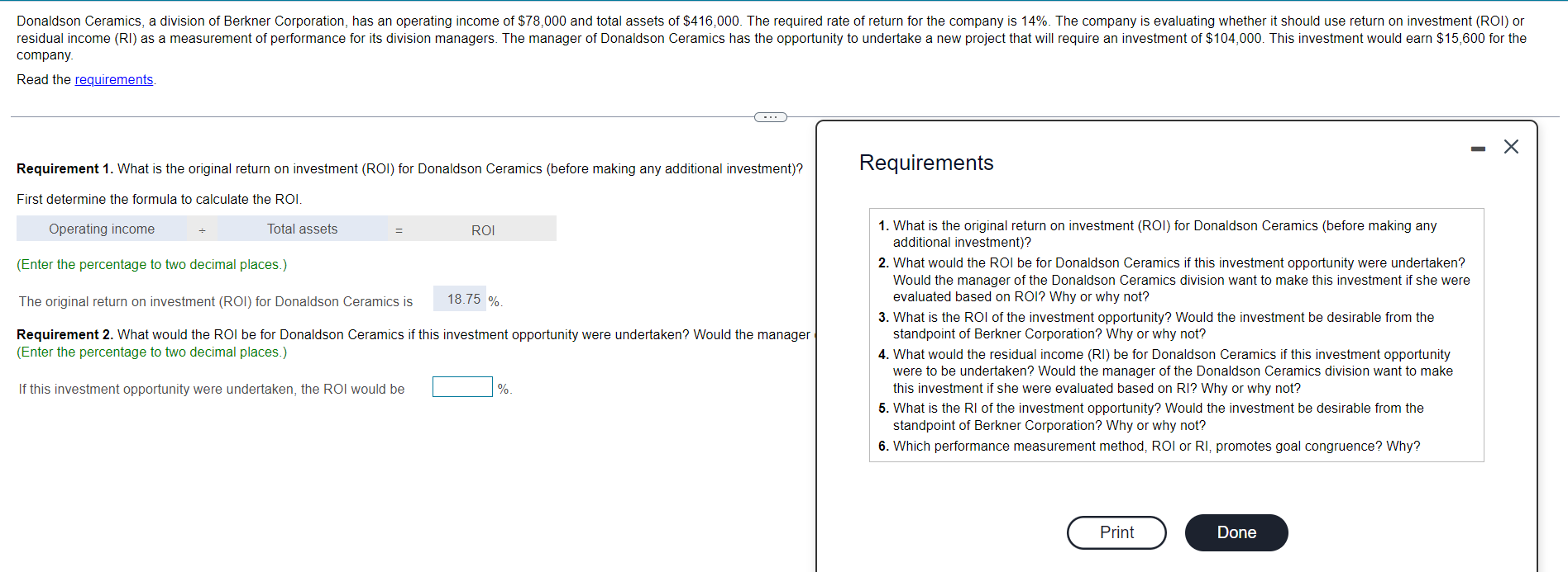 Donaldson Ceramics Division Of Berkner Corporation Has An Operating Income Of 78 000 And Total Assets Of 416 000 Th 1