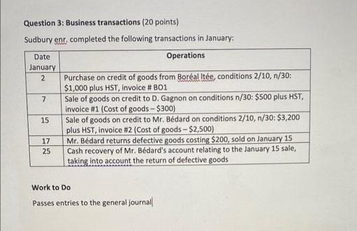 Question 3 Business Transactions 20 Points Sudbury En Completed The Following Transactions In January Date Operation 1