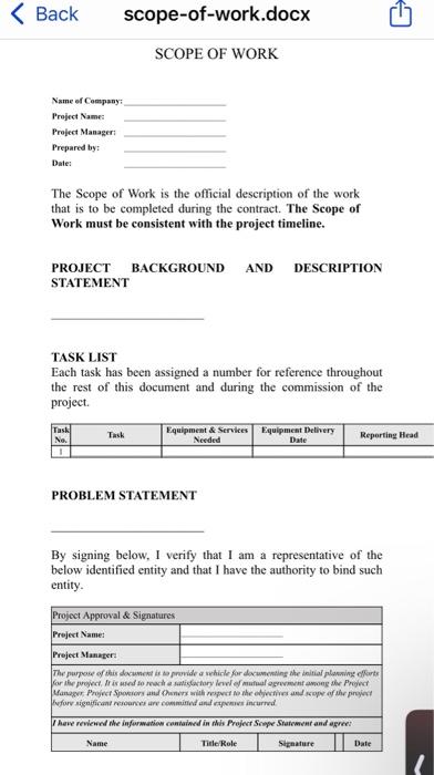 Back Name Of Company Project Name Project Manager Prepared By Date Scope Of Work Docx Scope Of Work The Scope Of Wo 1