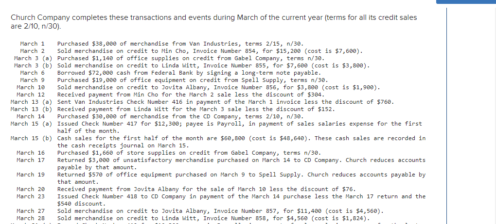 Church Company Completes These Transactions And Events During March Of The Current Year Terms For All Its Credit Sales 1