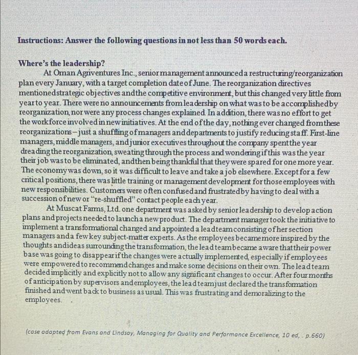Instructions Answer The Following Questions In Not Less Than 50 Words Each Where S The Leadership At Oman Agriventure 1