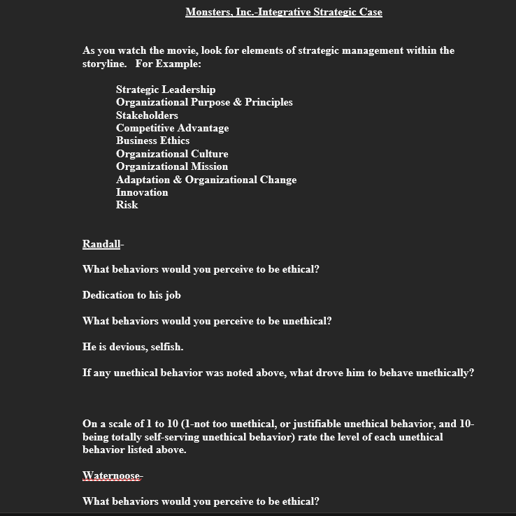 Monsters Inc Integrative Strategic Case As You Watch The Movie Look For Elements Of Strategic Management Within The S 1