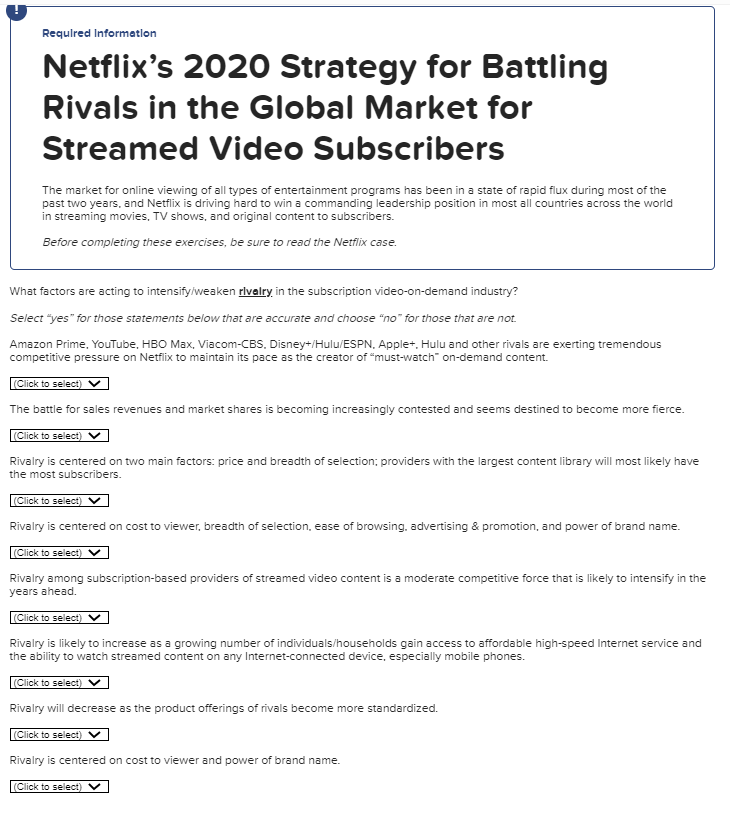 Required Information Netflix S 2020 Strategy For Battling Rivals In The Global Market For Streamed Video Subscribers The 1