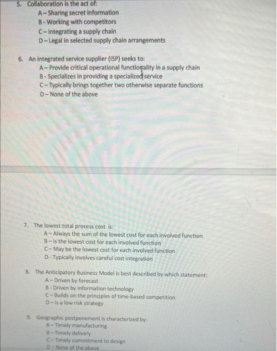 5 Collaboration Is The Act Of A Sharing Secret Information B Working With Competitors C Integrating A Supply Chain D L 1