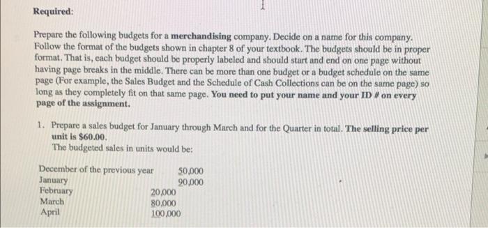 Required Prepare The Following Budgets For A Merchandising Company Decide On A Name For This Company Follow The Format 1