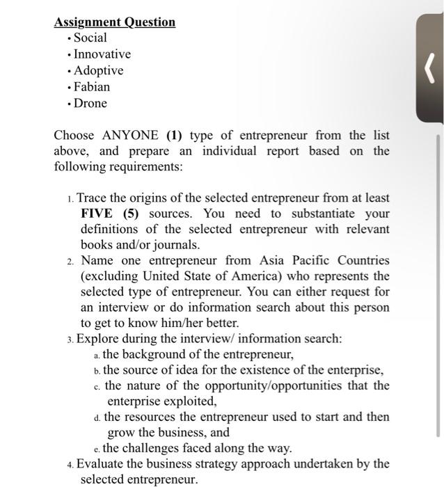 Assignment Question Social Innovative Adoptive Fabian Drone Choose Anyone 1 Type Of Entrepreneur From The Lis 1