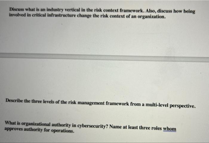 Discuss What Is An Industry Vertical In The Risk Context Framework Also Discuss How Being Involved In Critical Infrast 1