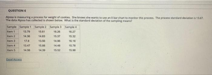 Question 6 Alyssa Is Measuring A Process For Weight Of Cookies She Knows She Wants To Use An X Bar Chart To Monitor Thi 1