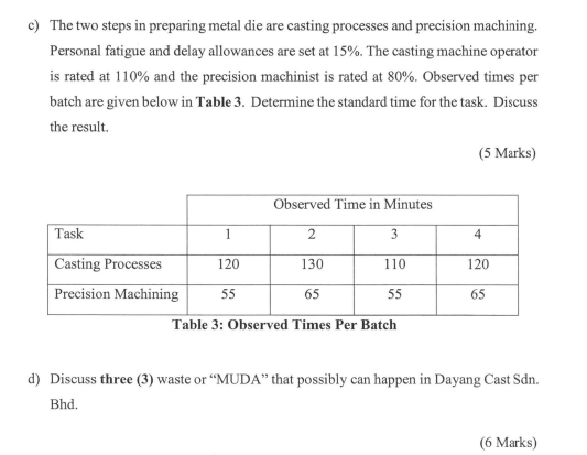 C The Two Steps In Preparing Metal Die Are Casting Processes And Precision Machining Personal Fatigue And Delay Allowa 1