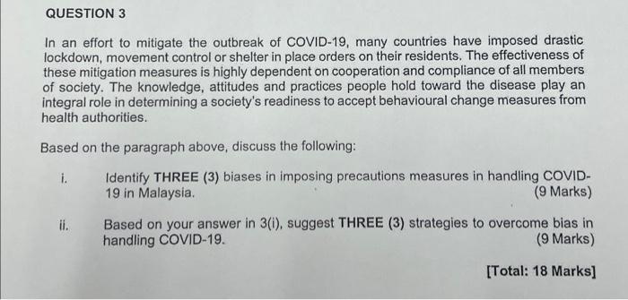 Question 3 In An Effort To Mitigate The Outbreak Of Covid 19 Many Countries Have Imposed Drastic Lockdown Movement Con 1