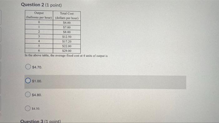Question 2 1 Point Output Total Cost Balloons Per Hour Dollars Per Hour 4 00 7 00 8 00 12 50 17 20 0 1 2 3 4 1