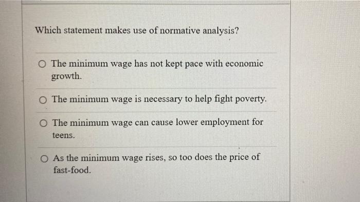 Which Statement Makes Use Of Normative Analysis O The Minimum Wage Has Not Kept Pace With Economic Growth O The Minimu 1