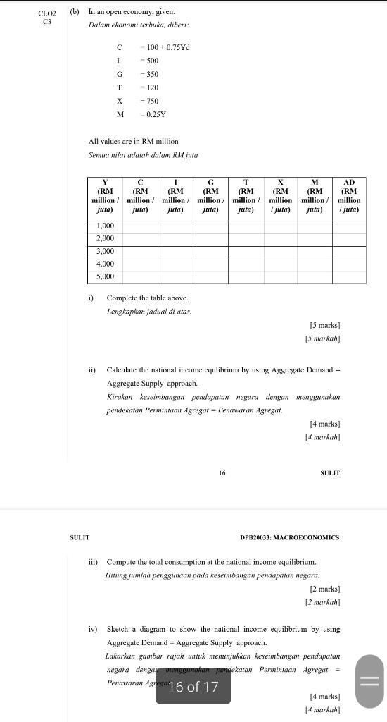 Clo2 C3 B In An Open Economy Given Dalam Ekonomi Terbuka Diberi I Y Rm Million Juta Sulit 1 000 2 000 Ii All V 1