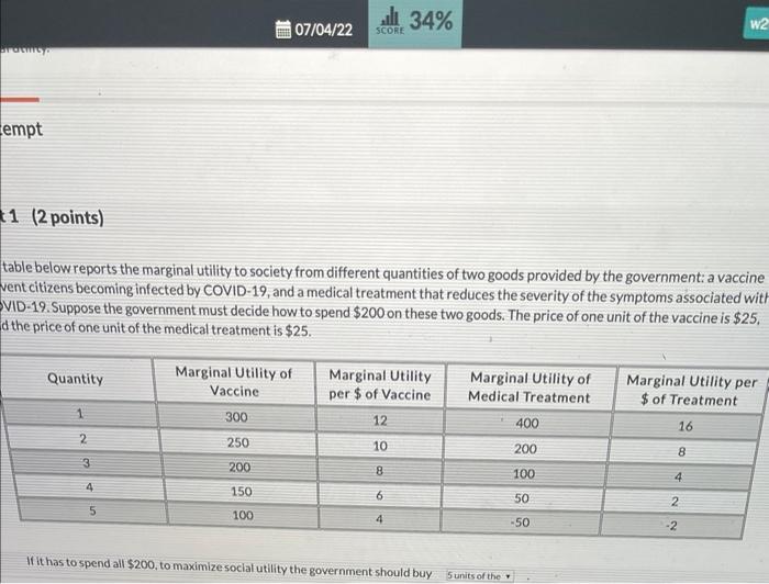 Brachty Empt 1 2 Points Quantity 1 2 Table Below Reports The Marginal Utility To Society From Different Quantities Of 1