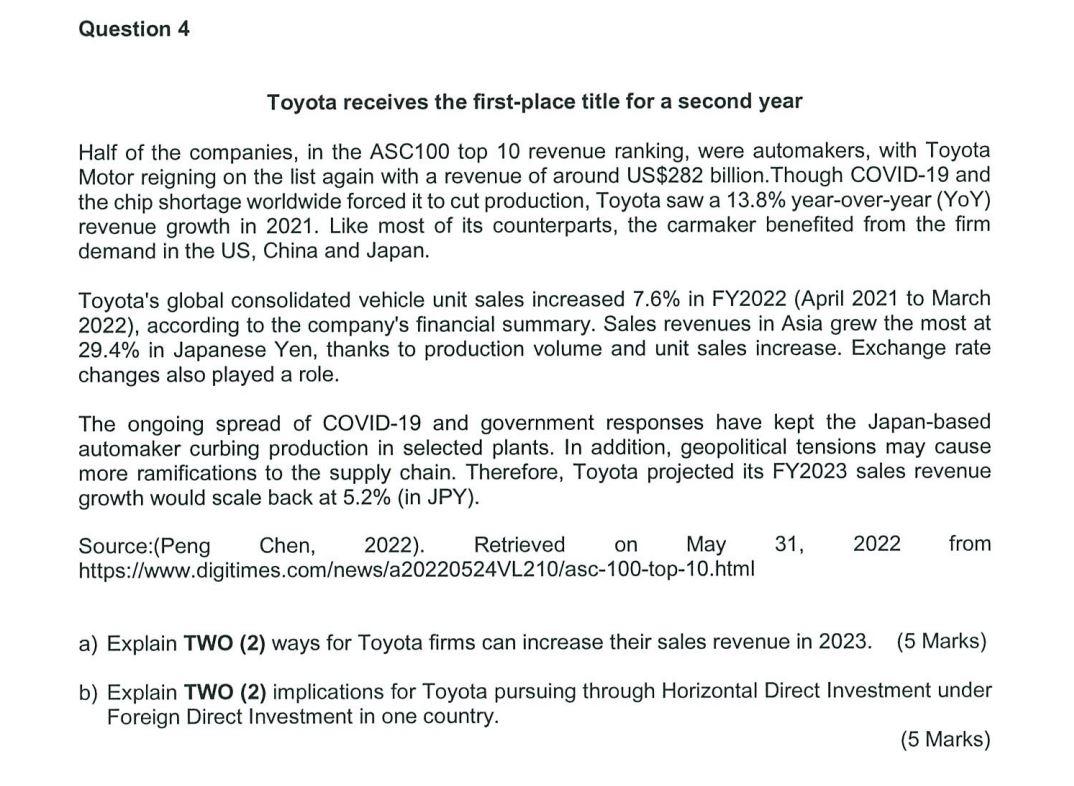 Question 4 Toyota Receives The First Place Title For A Second Year Half Of The Companies In The Asc100 Top 10 Revenue R 1