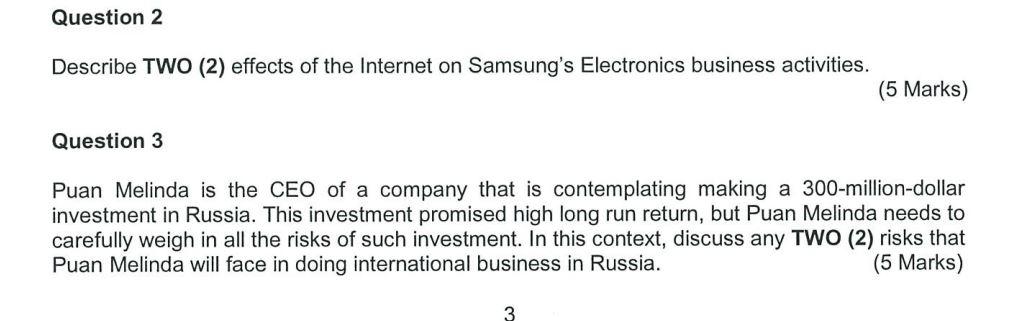 Question 2 Describe Two 2 Effects Of The Internet On Samsung S Electronics Business Activities 5 Marks Question 3 P 1