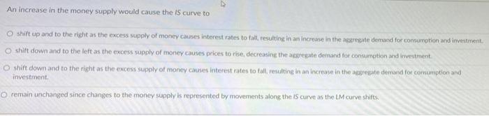 An Increase In The Money Supply Would Cause The 15 Curve To O Shift Up And To The Right As The Excess Supply Of Money Ca 1