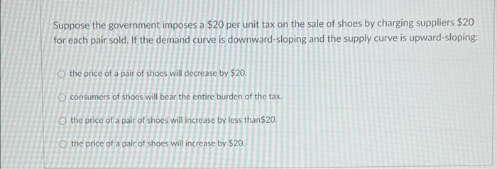 Suppose The Government Imposes A 20 Per Unit Tax On The Sale Of Shoes By Charging Suppliers 20 For Each Pair Sold If 1