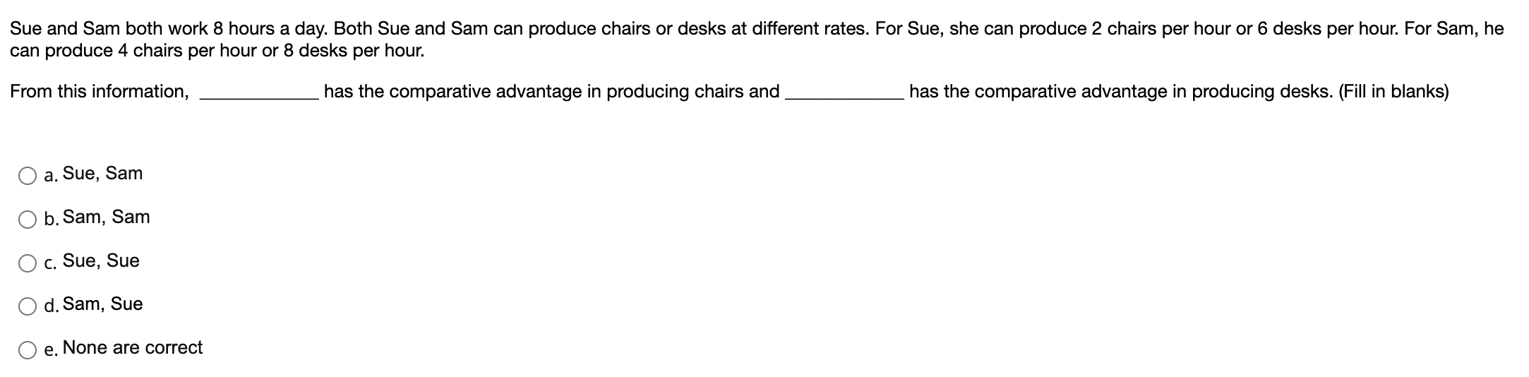 Sue And Sam Both Work 8 Hours A Day Both Sue And Sam Can Produce Chairs Or Desks At Different Rates For Sue She Can P 1