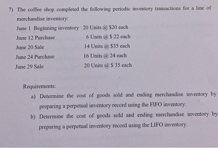 7 The Coffee Shop Completed The Following Periodic Inventory Transactions For A Line Of Merchandise Inventory June 1 B 1