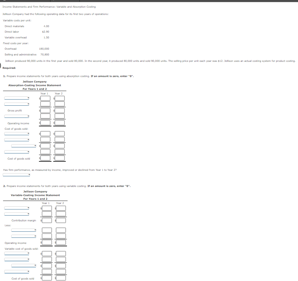 Income Statements And Firm Performance Variable And Absorption Costing Jellison Company Had The Following Operating Dat 1