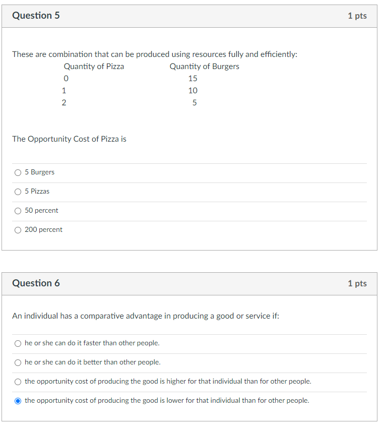 Question 5 These Are Combination That Can Be Produced Using Resources Fully And Efficiently Quantity Of Pizza Quantity 1