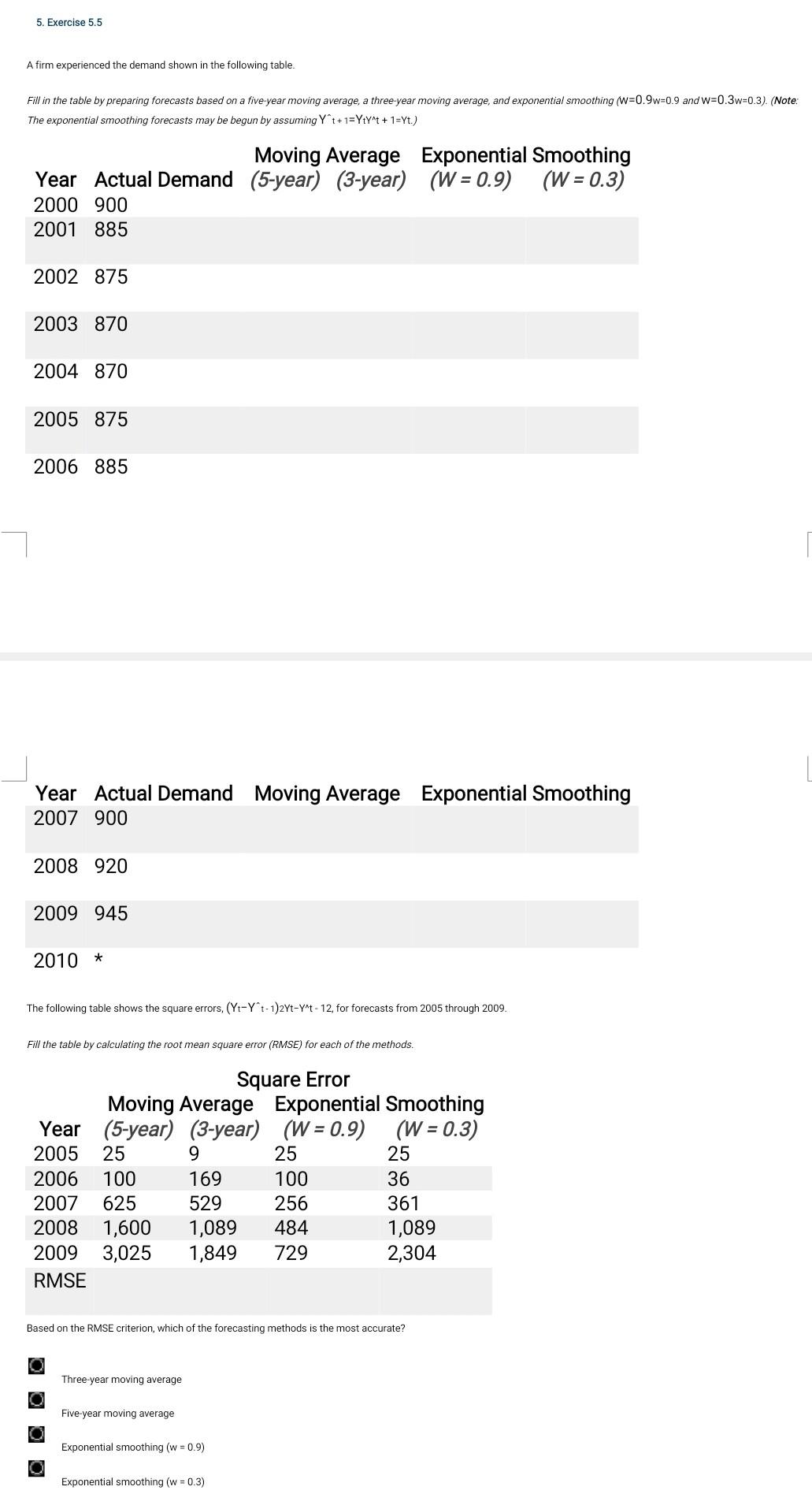 5 Exercise 5 5 A Firm Experienced The Demand Shown In The Following Table Fill In The Table By Preparing Forecasts Bas 1