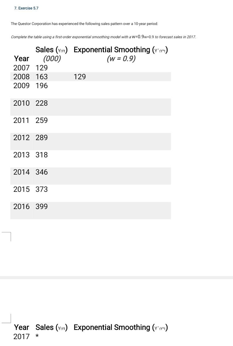 7 Exercise 5 7 The Questor Corporation Has Experienced The Following Sales Pattern Over A 10 Year Period Complete The 1