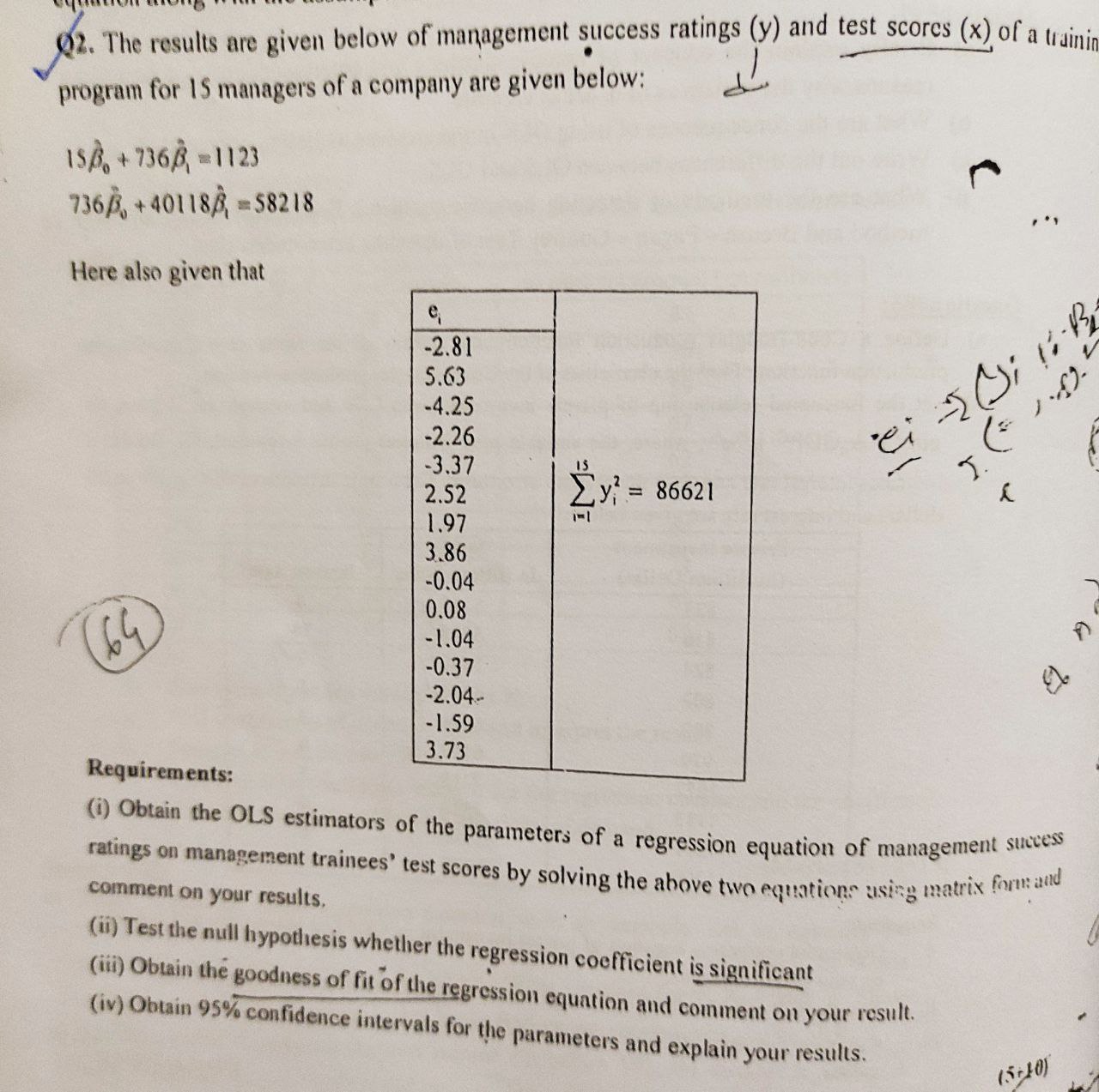 02 The Results Are Given Below Of Management Success Ratings Y And Test Scores X Of A Trainin Program For 15 Manage 1