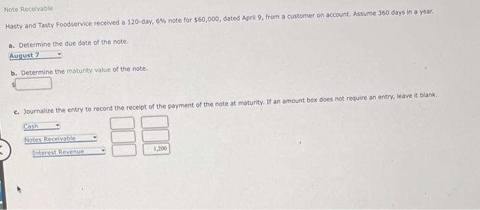 Note Receivable Hasty And Tasty Foodservice Received A 120 Day 6 Note For 60 000 Dated April 9 From A Customer On A 1