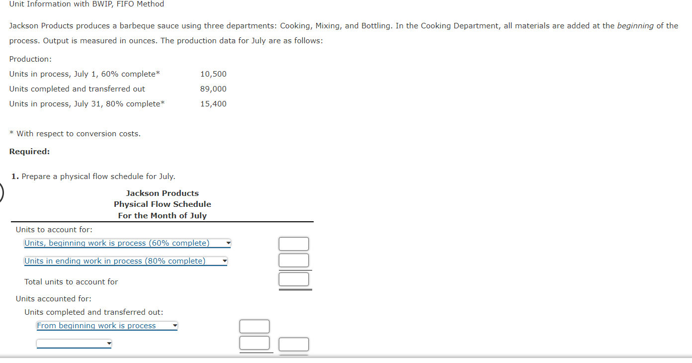 Unit Information With Bwip Fifo Method Jackson Products Produces A Barbeque Sauce Using Three Departments Cooking Mix 1