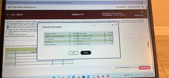Acct 1025 Winter 2022 Section 10 Nawet W 04 1 4 Am Qutz Quiz 4 Question 7 Of 7 This Qui Sont Possible This Question 1 1