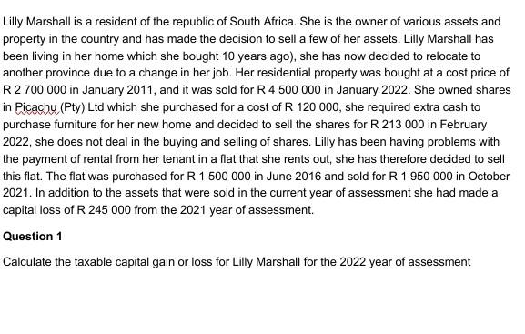 Lilly Marshall Is A Resident Of The Republic Of South Africa She Is The Owner Of Various Assets And Property In The Cou 1
